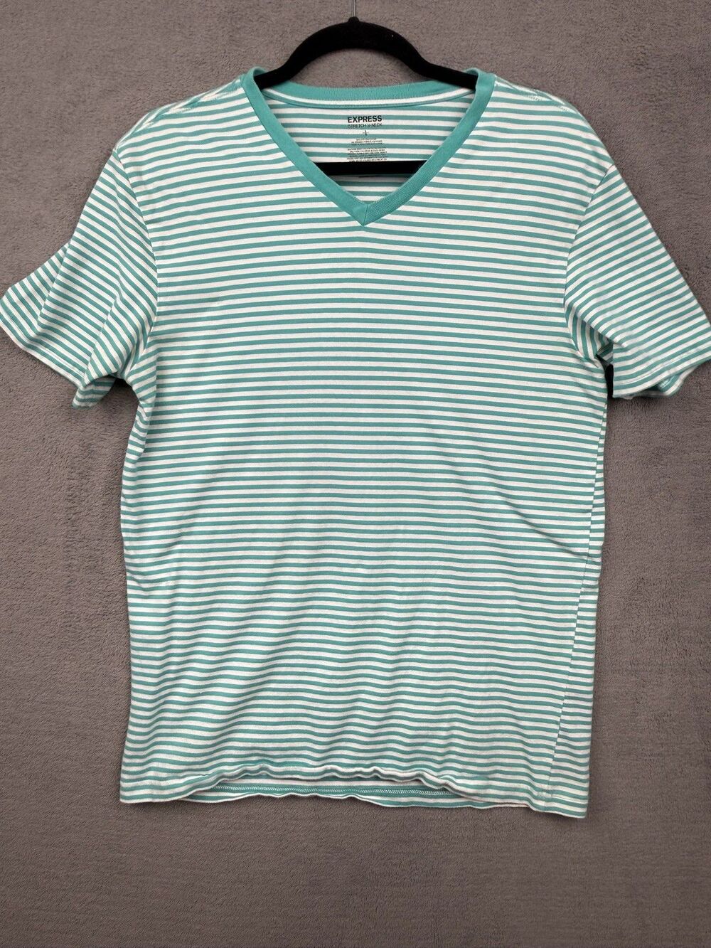 Express Mens Shirt Large Teal/White Striped V-Neck - stretchy fee